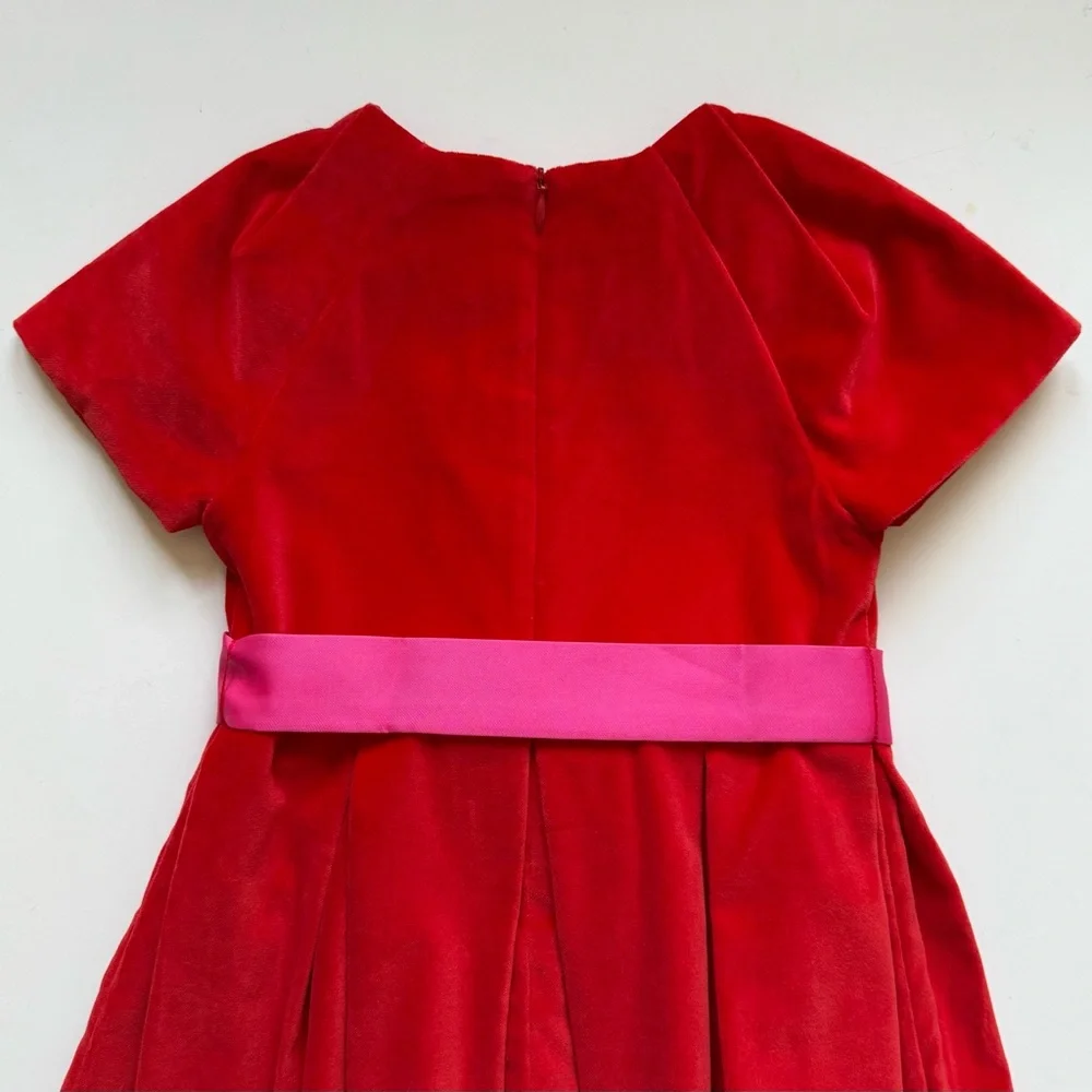 Jacadi Girls Philippine Dark Orange Pleated Velvet Holiday Dress w/ Pink Bow